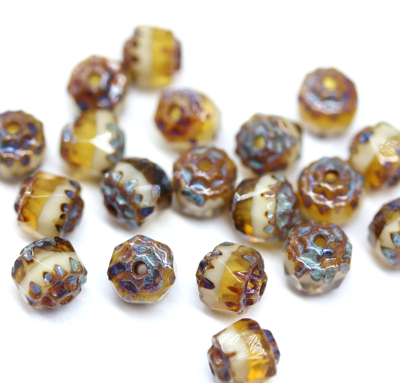 6mm Brown topaz Beige cathedral beads Czech glass picasso ends 20Pc