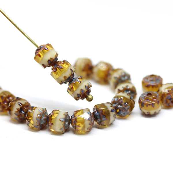 6mm Brown topaz Beige cathedral beads Czech glass picasso ends 20Pc
