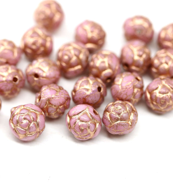 7mm Pink Rose Bud Czech Glass Beads copper inlays