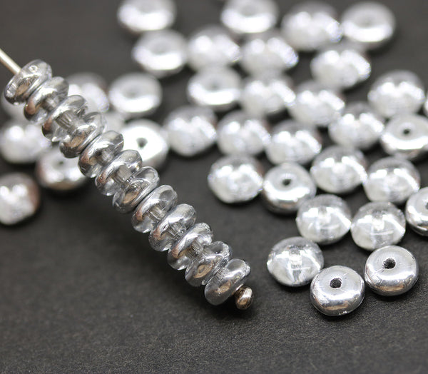 5mm Silver Clear czech glass rondelle spacer beads 50pc