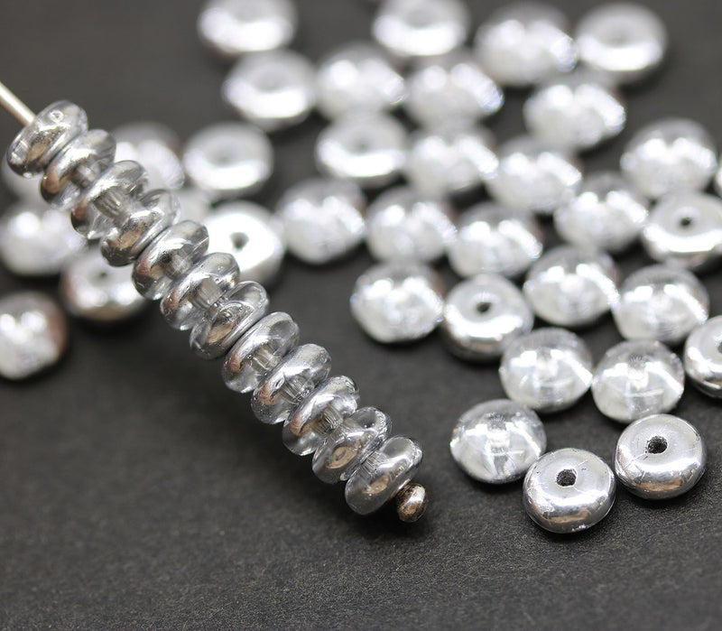 5mm Silver Clear czech glass rondelle spacer beads 50pc