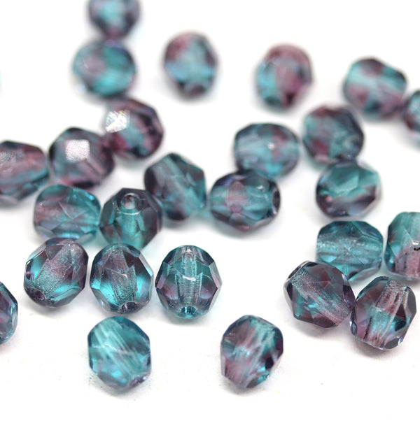 6mm Blue purple czech glass fire polished round beads - 30Pc
