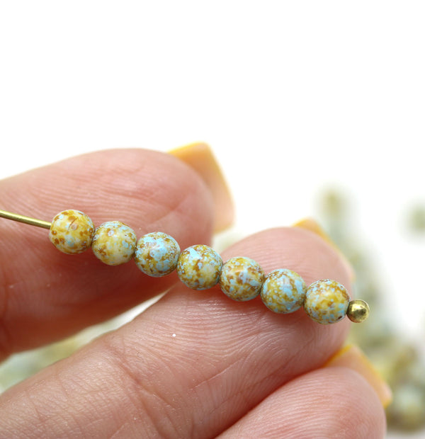 4mm Blue beige picasso czech glass beads round druk spacers