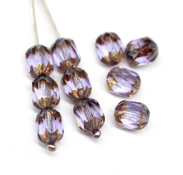 8x6mm Lilac rice czech glass fire polished beads picasso ends, 10pc