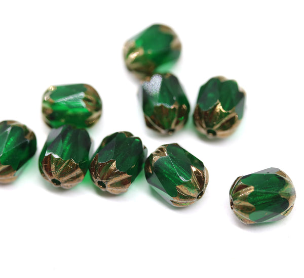8x6mm Emerald green rice czech glass fire polished beads gold ends, 10pc