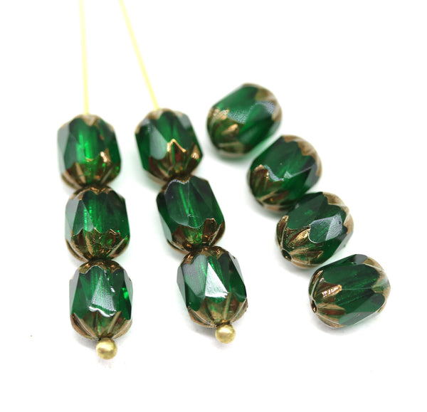 8x6mm Emerald green rice czech glass fire polished beads gold ends, 10pc
