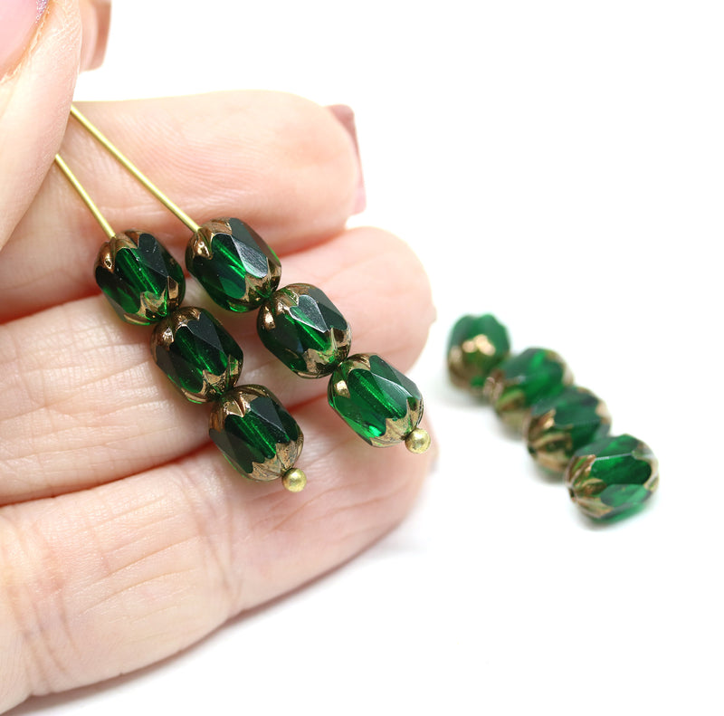 8x6mm Emerald green rice czech glass fire polished beads gold ends, 10pc