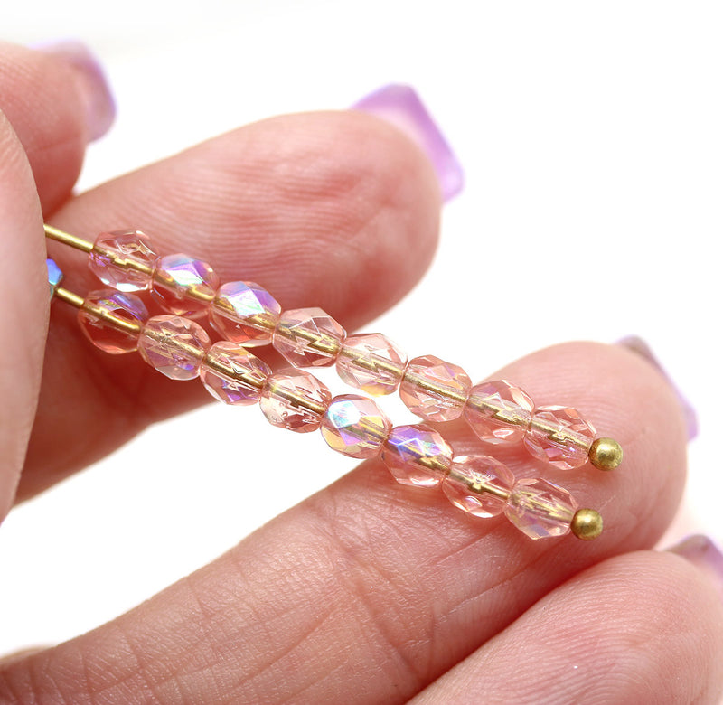 4mm Light pink AB finish Czech glass fire polished round beads 50pc