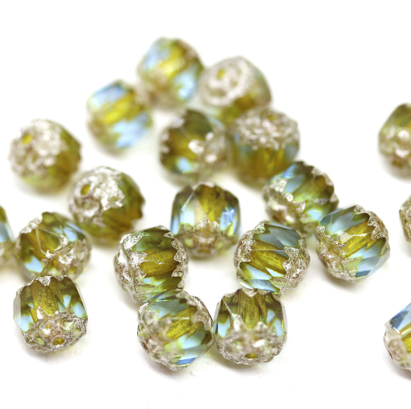 6mm Blue green cathedral beads Czech glass silver ends 20Pc