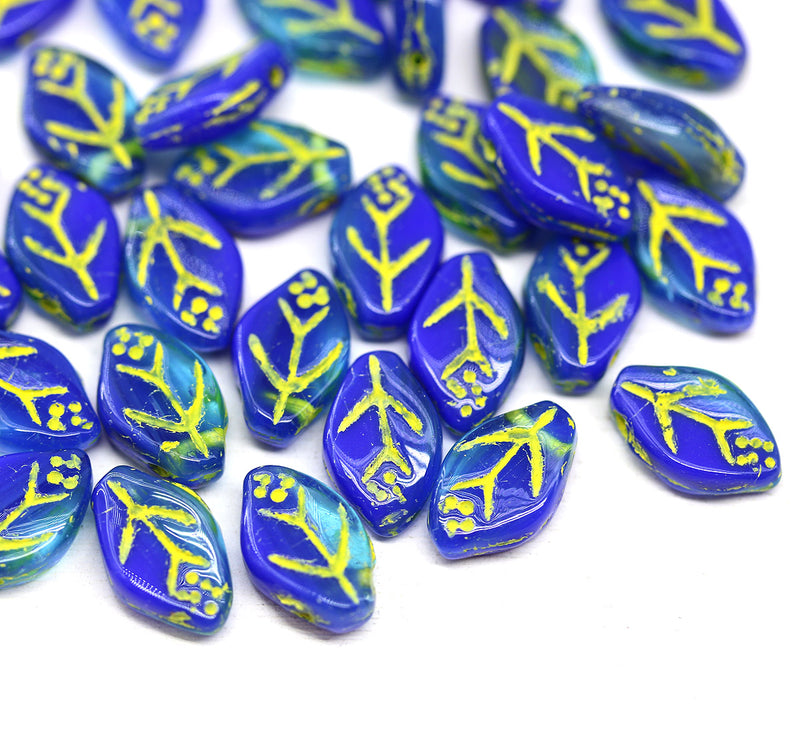 12x7mm French blue leaf beads, yellow inlays 30pc