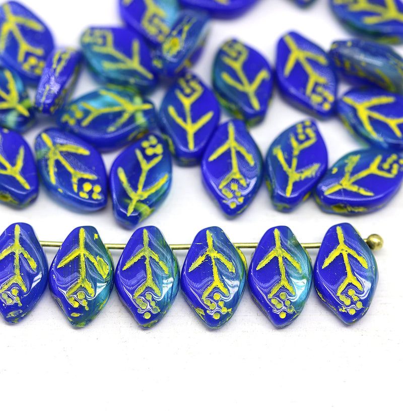 12x7mm French blue leaf beads, yellow inlays 30pc