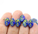 12x7mm French blue leaf beads, yellow inlays 30pc