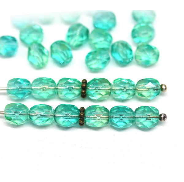 6mm Seafoam green fire polished round czech glass beads, 30Pc