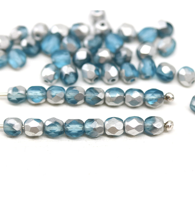 4mm Frosted blue silver Czech glass fire polished round beads 50pc