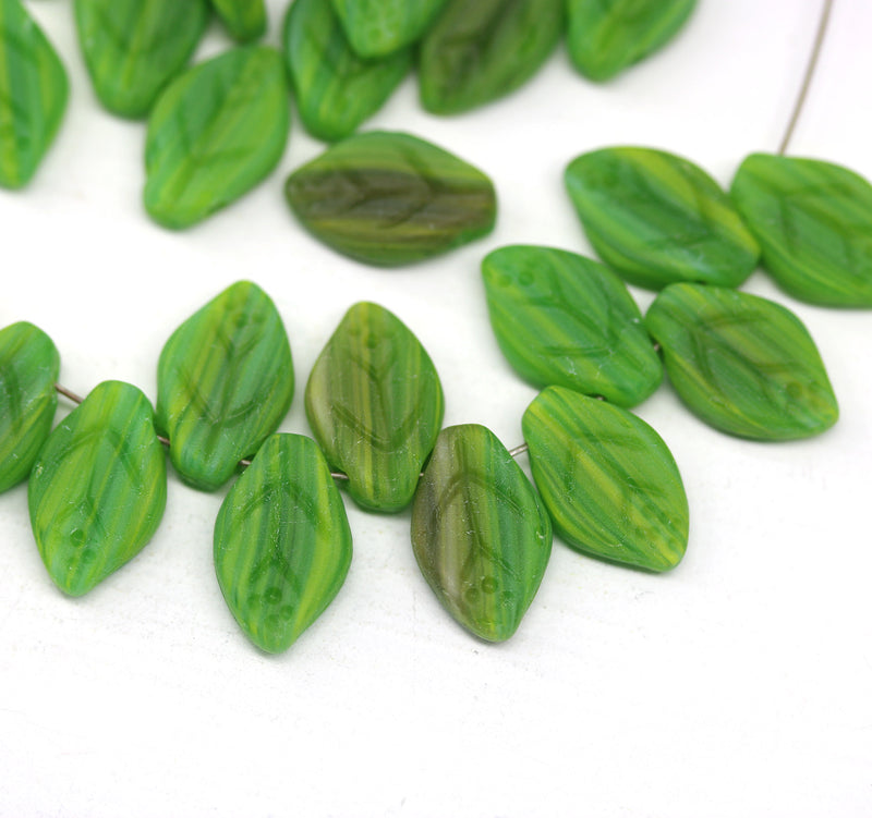 12x7mm Frosted green leaf Czech glass pressed beads - 30pc