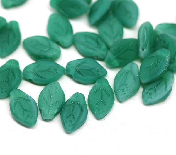 12x7mm Frosted teal green leaf beads - 30pc