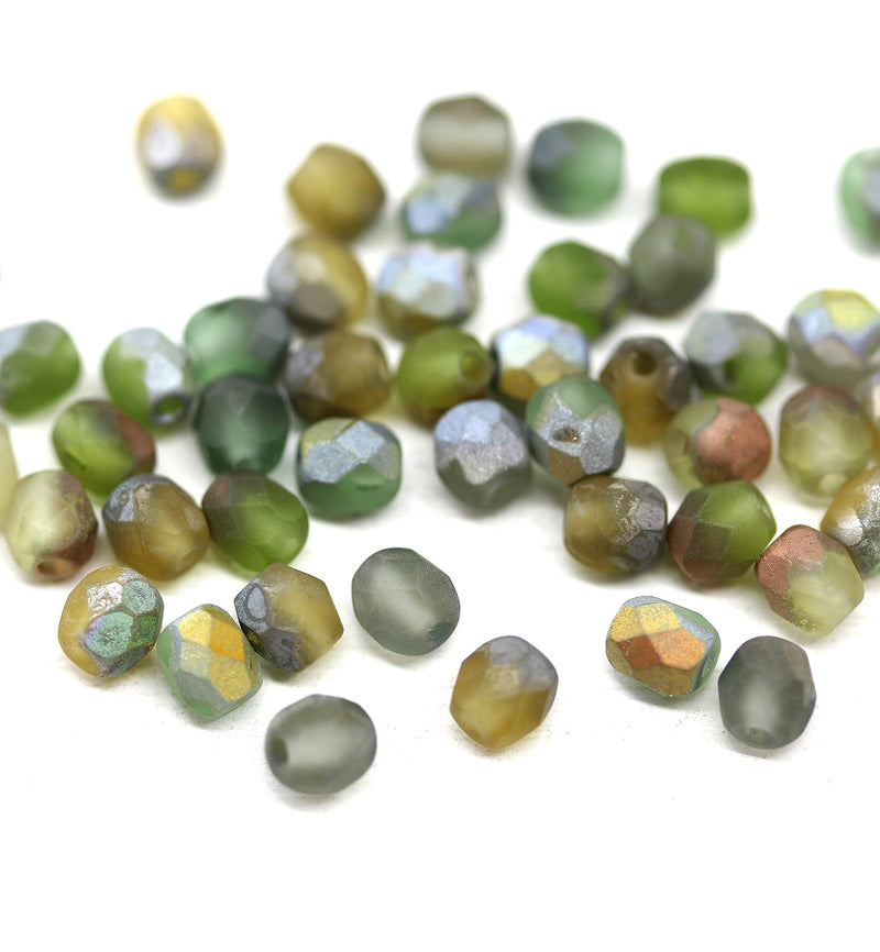 4mm Frosted olive green mix Czech glass fire polished round beads 50pc