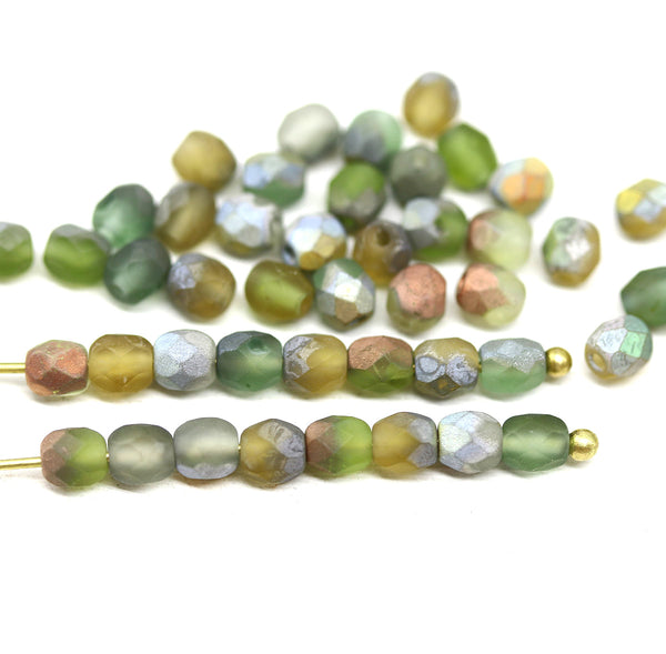4mm Frosted olive green mix Czech glass fire polished round beads 50pc