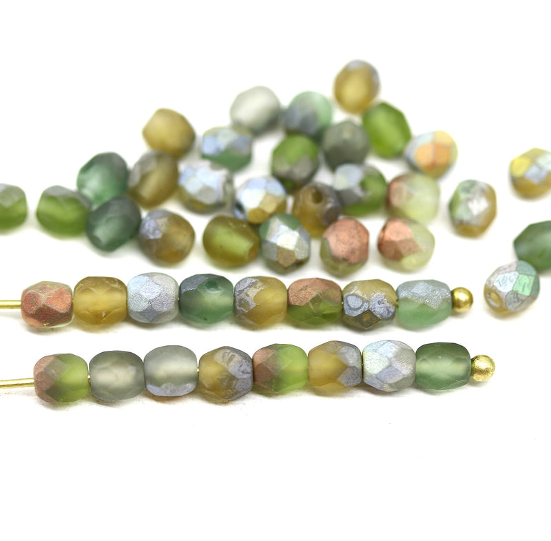 4mm Frosted olive green mix Czech glass fire polished round beads 50pc
