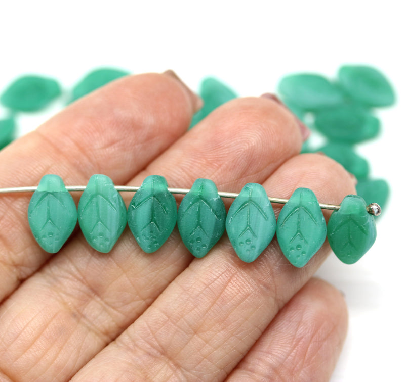 12x7mm Frosted teal green leaf beads - 30pc