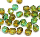 6mm Green brown fire polished round czech glass beads, 30Pc