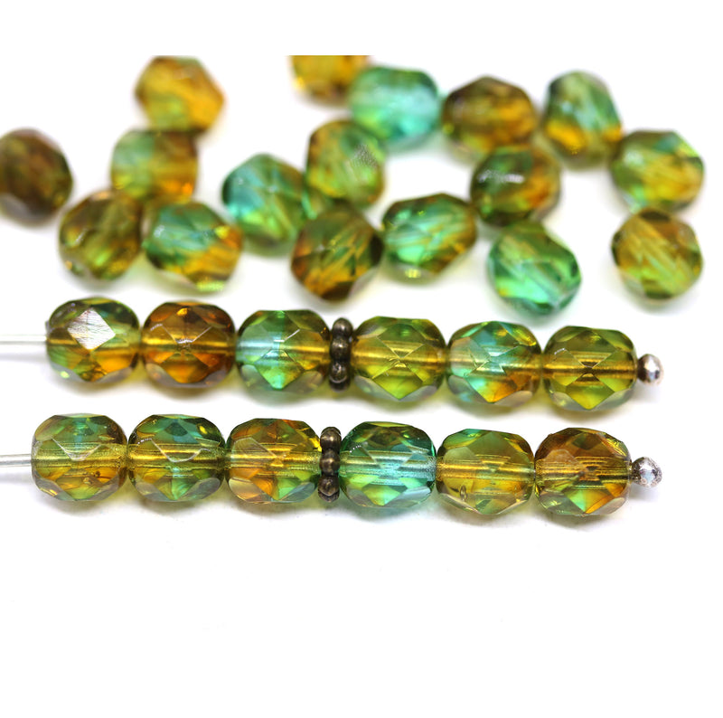 6mm Green brown fire polished round czech glass beads, 30Pc