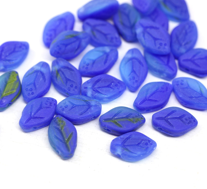 12x7mm Frosted blue leaf Czech glass pressed beads - 30pc