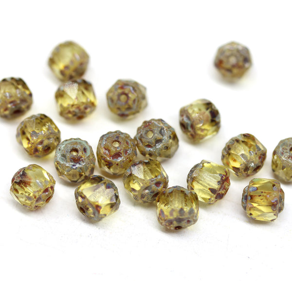 6mm Light yellow Cathedral Czech Glass beads fire polished picasso ends - 20Pc