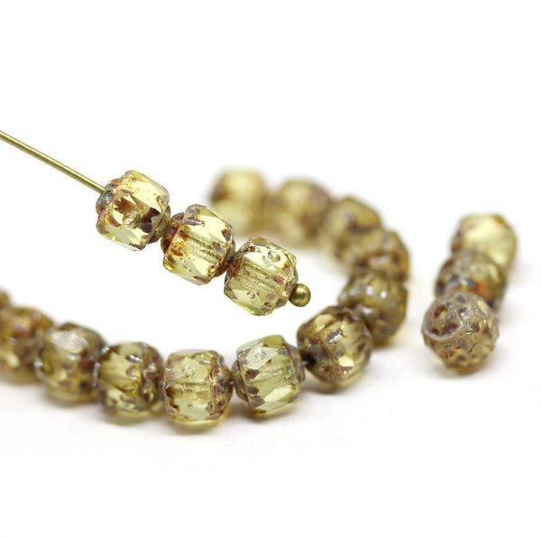 6mm Light yellow Cathedral Czech Glass beads fire polished picasso ends - 20Pc