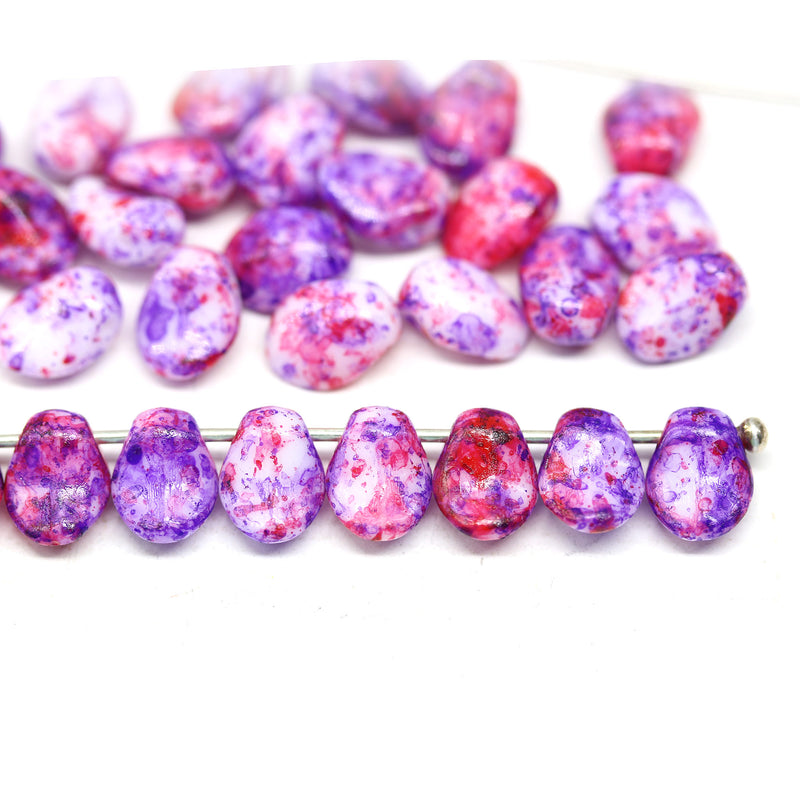 6x8mm Bright pink petal drop beads Czech glass flower petals, 30pc