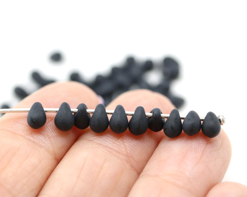 4x6mm Tiny black frosted teardrops Czech glass beads - 50pc