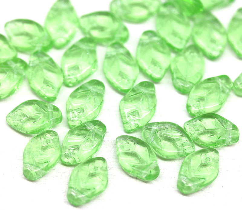 12x7mm Light green leaf Czech glass beads 30pc
