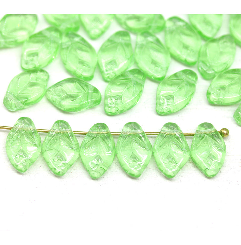 12x7mm Light green leaf Czech glass beads 30pc