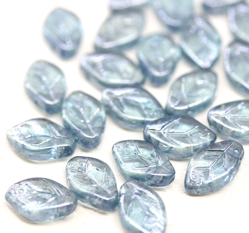 12x7mm Montana blue leaf Czech glass beads, luster 30pc