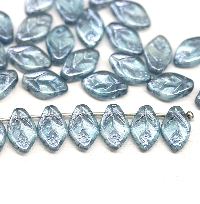 12x7mm Montana blue leaf Czech glass beads, luster 30pc