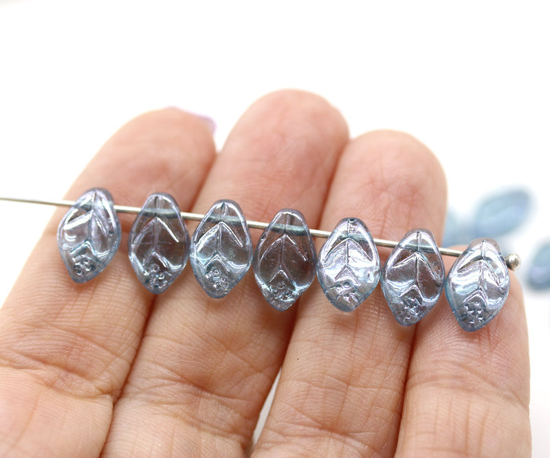 12x7mm Montana blue leaf Czech glass beads, luster 30pc