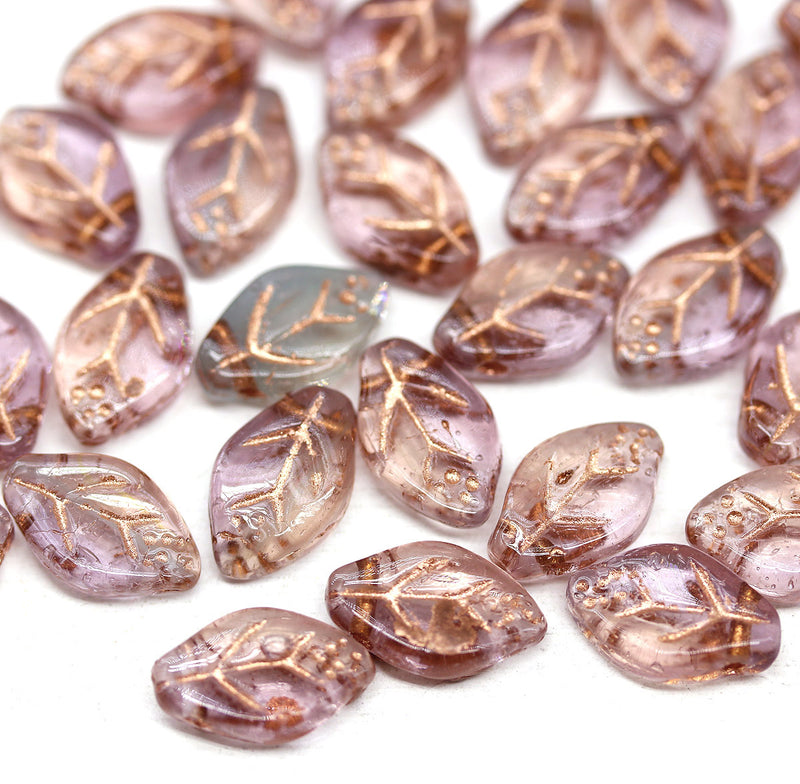 12x7mm Purple pink leaf Czech glass beads, copper inlays 30pc