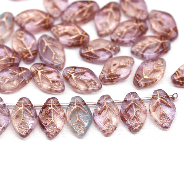 12x7mm Purple pink leaf Czech glass beads, copper inlays 30pc