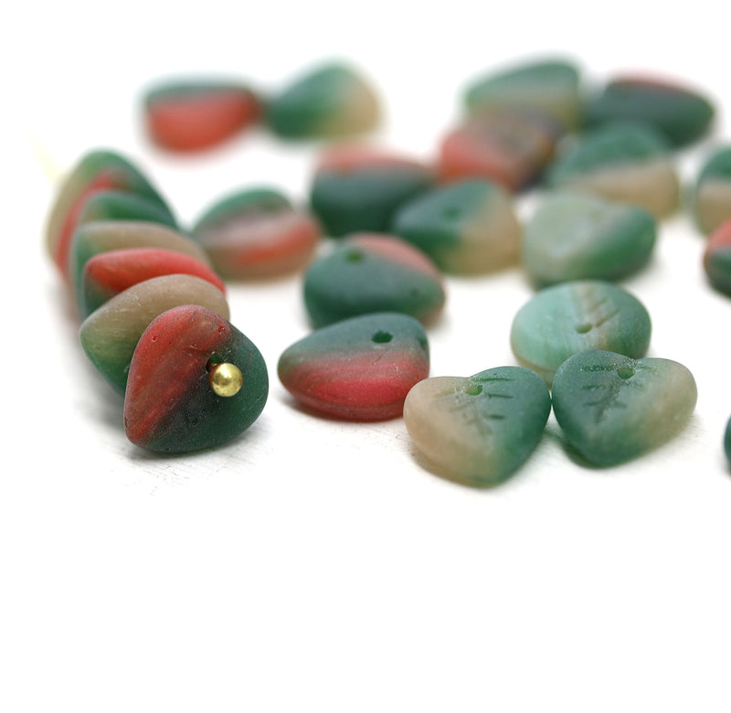 9mm Heart shaped triangle Green red leaf glass beads - 30pc