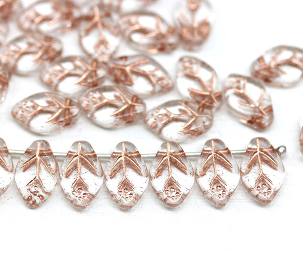 12x7mm Clear leaf Czech glass beads, rose gold inlays 30pc