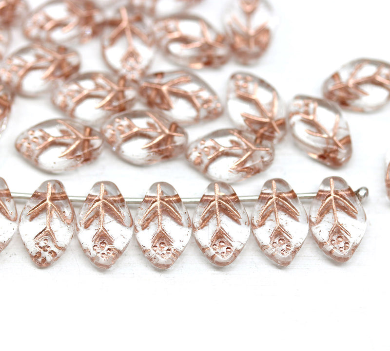 12x7mm Clear leaf Czech glass beads, rose gold inlays 30pc