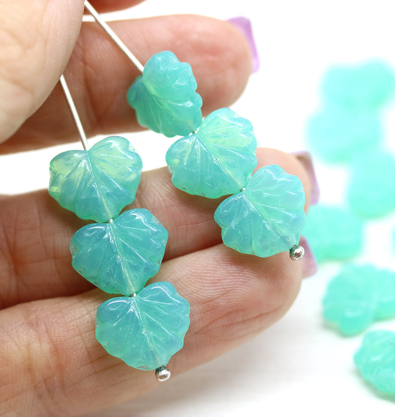 11x13mm Opal seafoam green maple leaf Czech glass beads 15pc