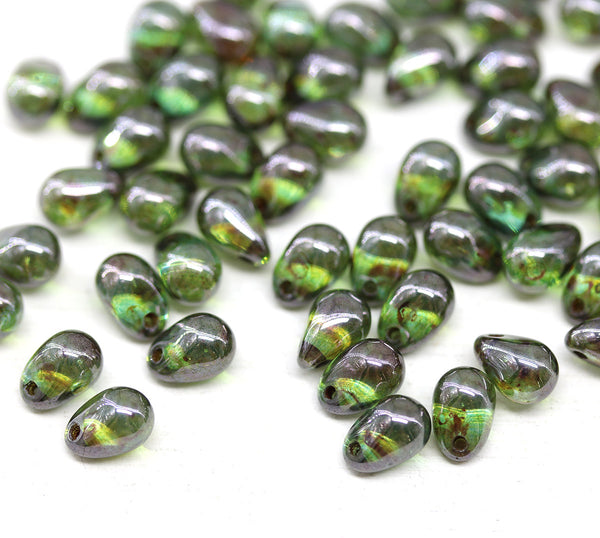 5x7mm Green picasso glass drops, czech teardrop beads 50pc