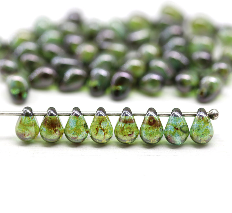 5x7mm Green picasso glass drops, czech teardrop beads 50pc