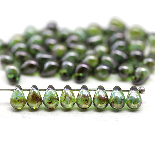 5x7mm Green picasso glass drops, czech teardrop beads 50pc