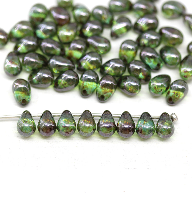 5x7mm Green picasso glass drops, czech teardrop beads 50pc