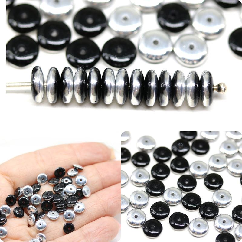 6mm Black czech glass rondelle spacer beads, silver coating, 50pc