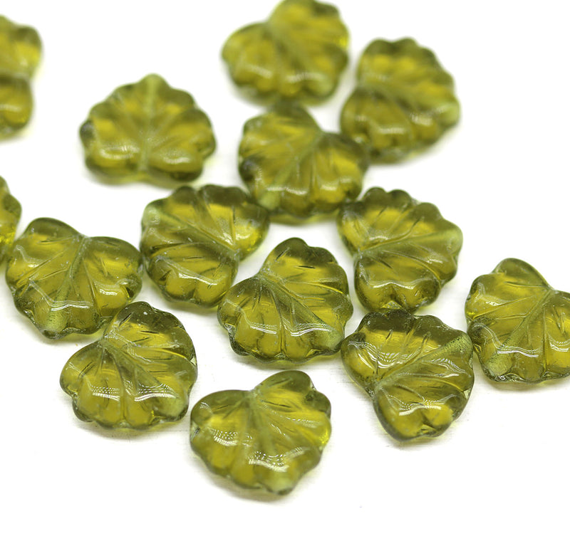 11x13mm Olive green maple leaf Czech glass beads 15pc