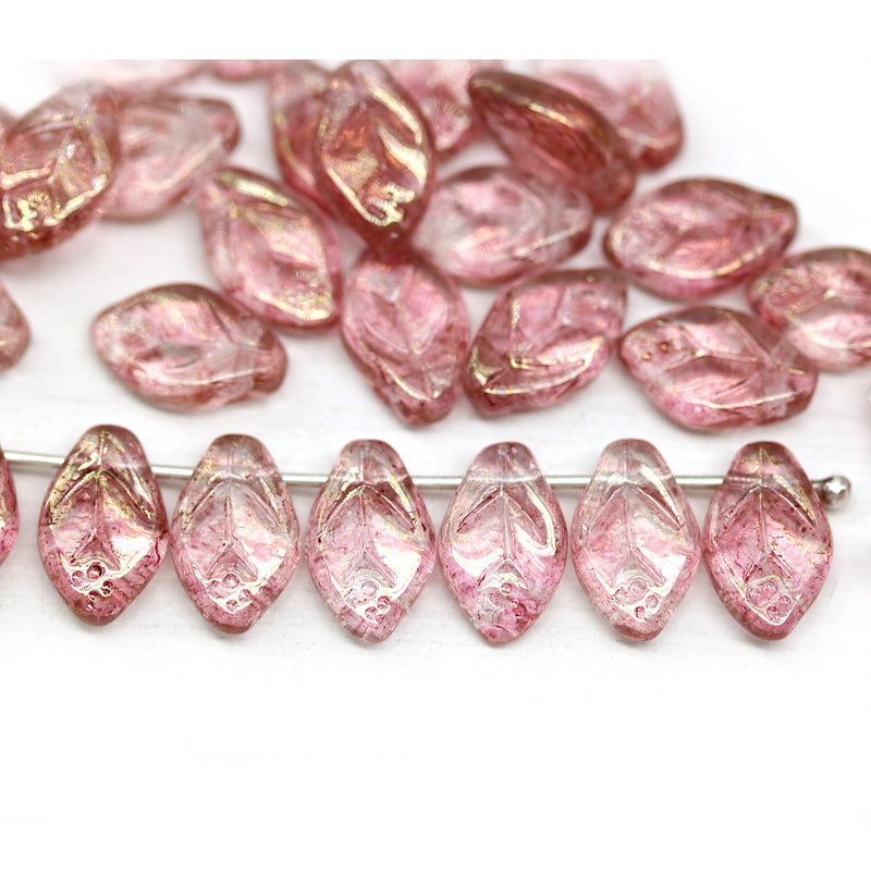 12x7mm Rose pink leaf Czech glass beads, luster 30pc