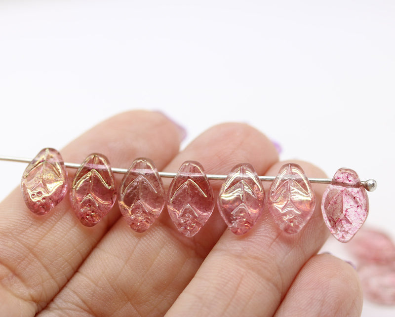 12x7mm Rose pink leaf Czech glass beads, luster 30pc